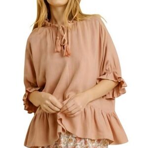 New Umgee Womens Linen Blend Half Sleeve Boho Flowy Ruffle‎ Dusty Rose Top Small